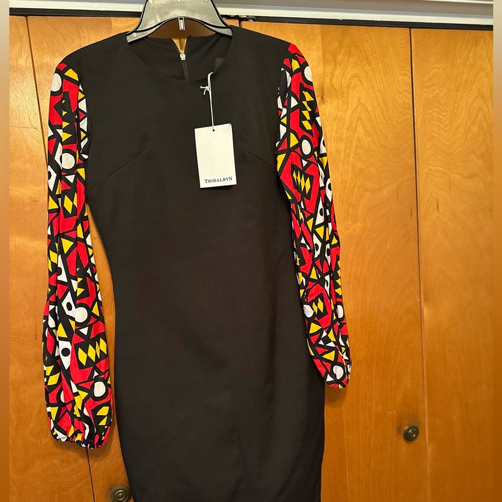 Tribal Black Dress with Red and Yellow Patterned Sleeves